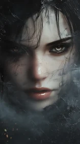 Shattered gaze of a spectral woman in drifting mist.