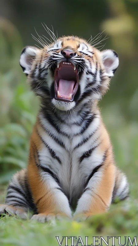 Tiger cub sits on grass and opens mouth in vertical frame