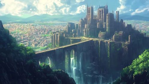 Sunlit cliffside citadel overlooks vast valley metropolis.