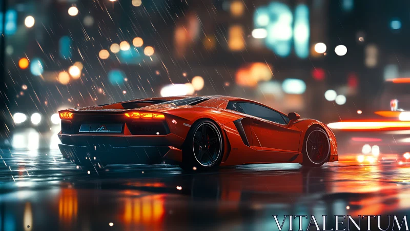 Orange supercar cuts wet neon boulevard under rainfall.