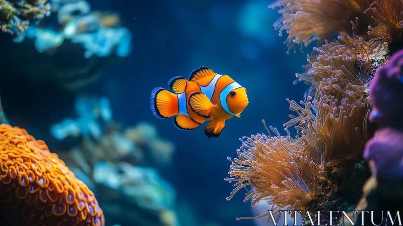 Ocellaris clownfish swimming among reef anemones in focus