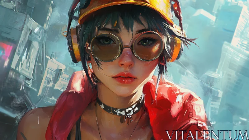 Digital portrait shows headphone-wearing figure in urban setting