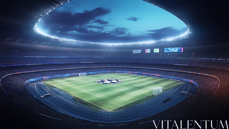 Illuminated UEFA football stadium under twilight sky panorama