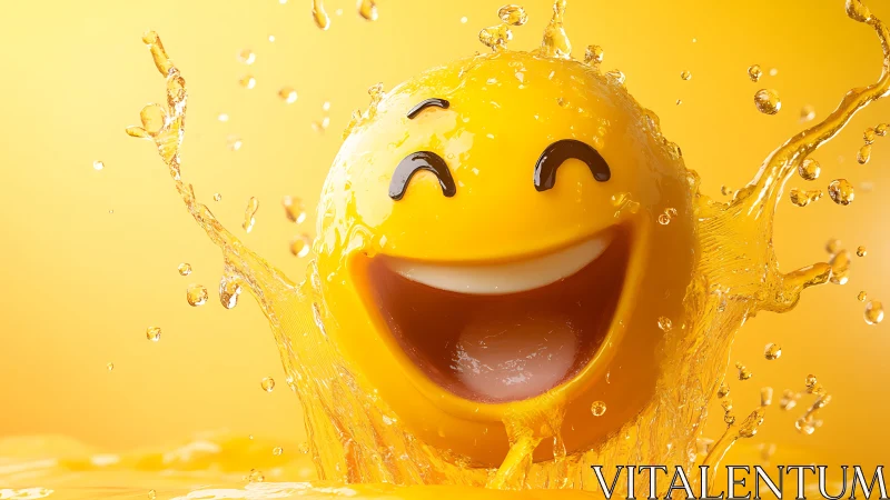 Joyful 3D smiley splashing through vibrant golden liquid.