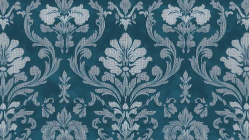 Teal damask wallpaper pattern with silver floral scrolls.