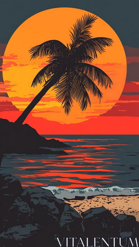 Vector sunset coastline with silhouetted palm and tidal reflections.