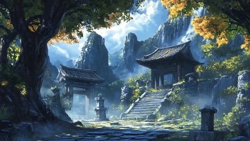 Sunlit mountain shrine courtyard framed by mist and waterfalls