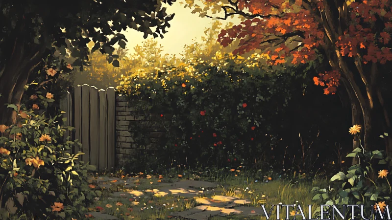 Sunlit garden gate framed by autumn trees and flowers