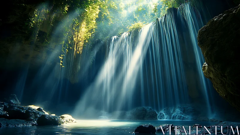 Emerald gorge waterfall channels cool light through mist