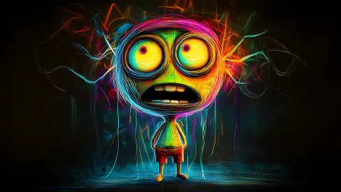 Neon shocked cartoon figure in chaotic electric aura.