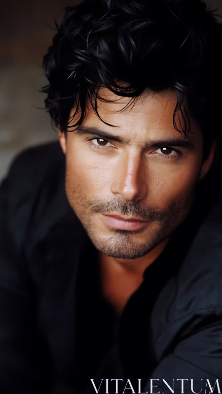 Photorealistic portrait of intense dark haired man in black.