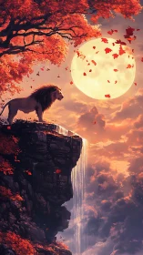 Lion on cliff edge under full moon and autumn foliage.