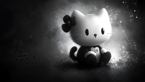 Monochrome chibi cat figurine in dramatic vignette lighting.