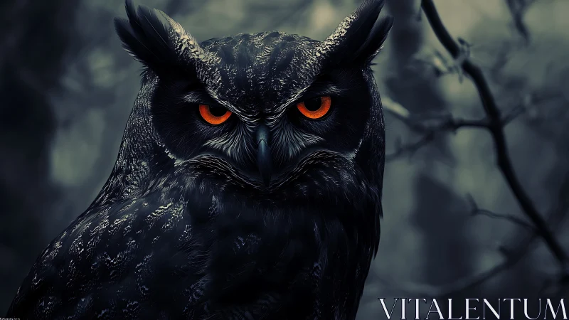 Dark forest owl with glowing orange eyes at night.