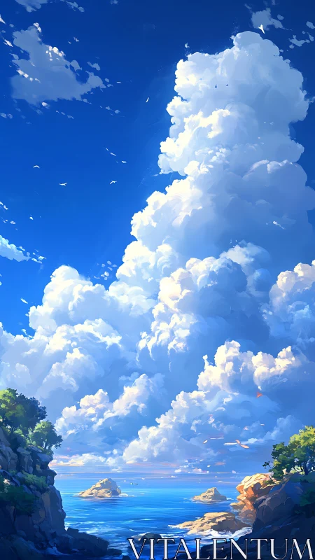 Vertical cloud formation rises over rocky coastal inlet