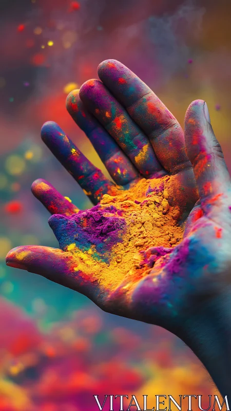 Vibrant open hand holds neon powder in shallow depth of field