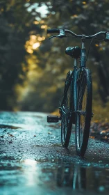Bicycle stationary on wet pavement with bokeh background.