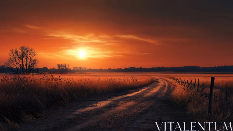 Rural dirt road curves through golden field at sunset.
