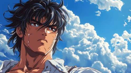 Determined anime hero stands beneath towering summer clouds.