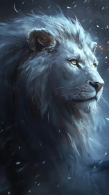 Snowlit white lion gazes calmly through the swirling night