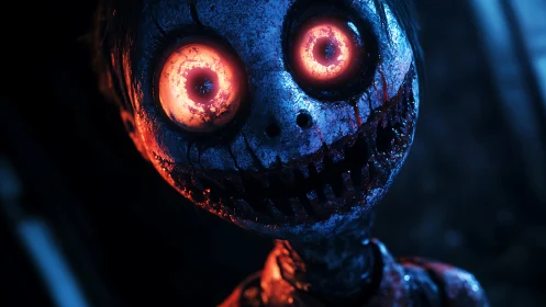 Horror doll close-up with glowing eyes and cracked face.