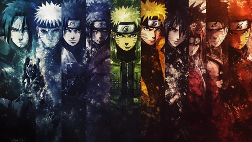 Elemental shards frame evolving ninja faces in blazing rows