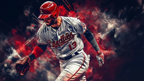 Baseball infielder sprints forward through explosive red smoke