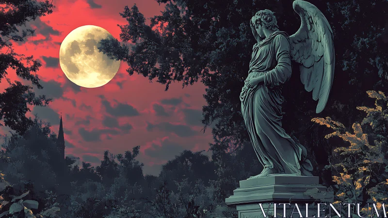Moonlit angel statue watching over a crimson twilight sky.