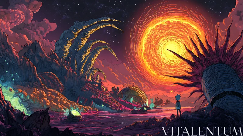 Extraterrestrial valley under volatile orange star with stylized chromatic lighting