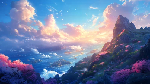 Radiant coastal cliffs under ethereal sunrise skyscape.