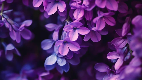 Purple flowers cluster densely with soft bokeh background lighting.