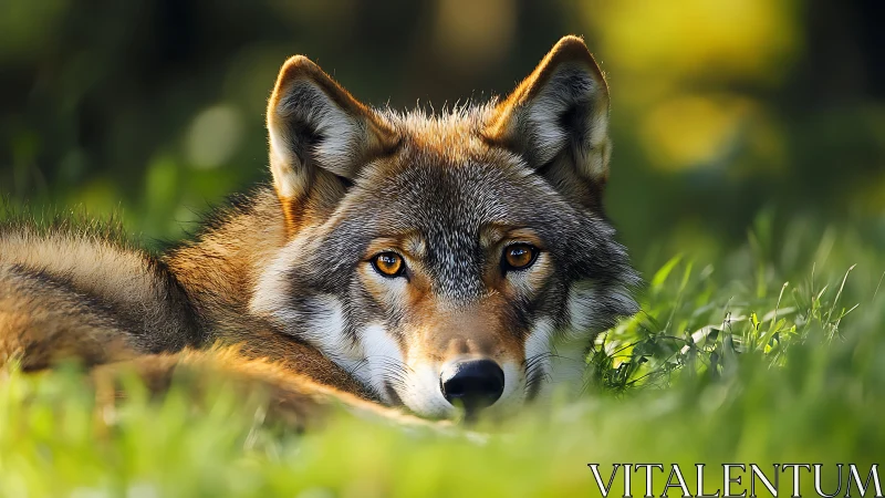Wolf lies in green grass with sharp eyes facing camera