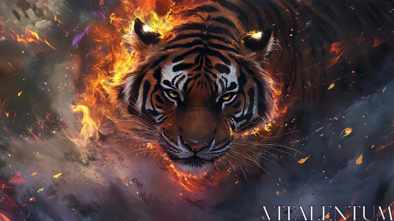 Tiger head advances through stylized fire and smoke field
