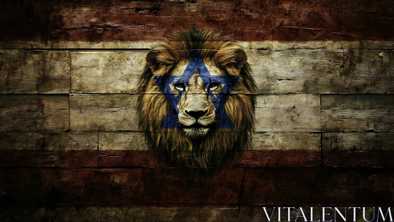 Textured lion emblem on distressed wooden tricolor field.