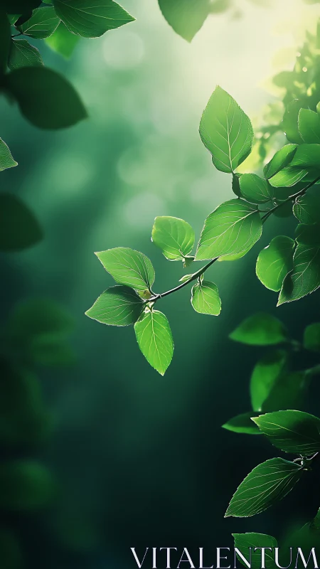Sunlit green leaves extend on branch against blurred background
