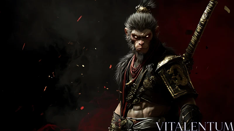 Mythic warrior monkey in ornate black and gold armor.