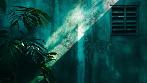 Tropical leaves and teal wall under dramatic window light.