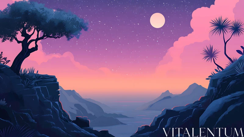 Moonlit canyon coast under soft violet twilight glow.