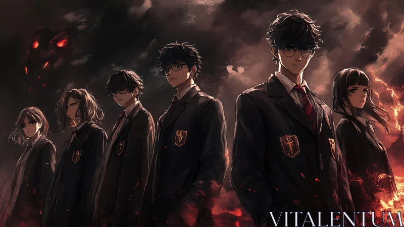 Arcane academy cadre confronting emergent infernal entity.