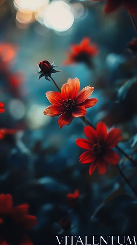 Red Dahlias Against Teal: Macro Bokeh Florals.