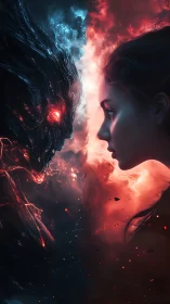 Human girl confronts fiery demonic entity in glowing void.