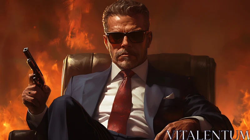 Calm power in a burning room, a suited boss at ease.