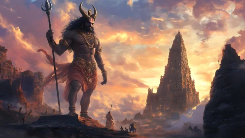 Colossal horned deity dominates mythic temple skyline at dusk