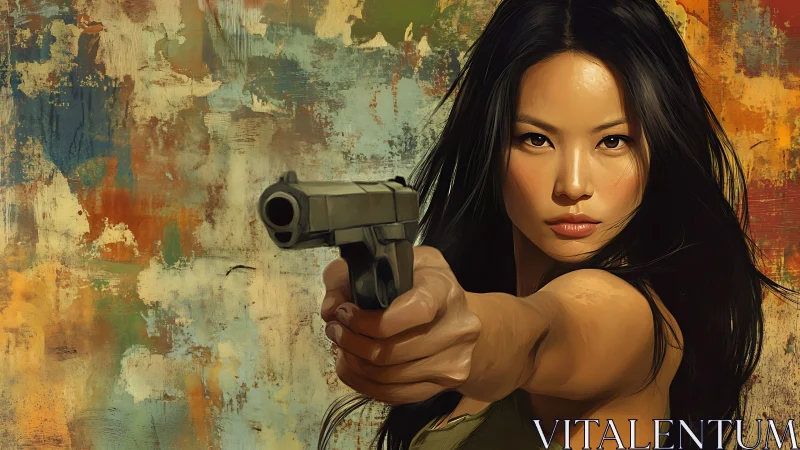 Ballistic perspective study of armed woman in motion freeze.