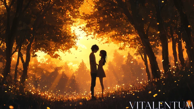 Backlit forest silhouettes with volumetric sunset scattering.