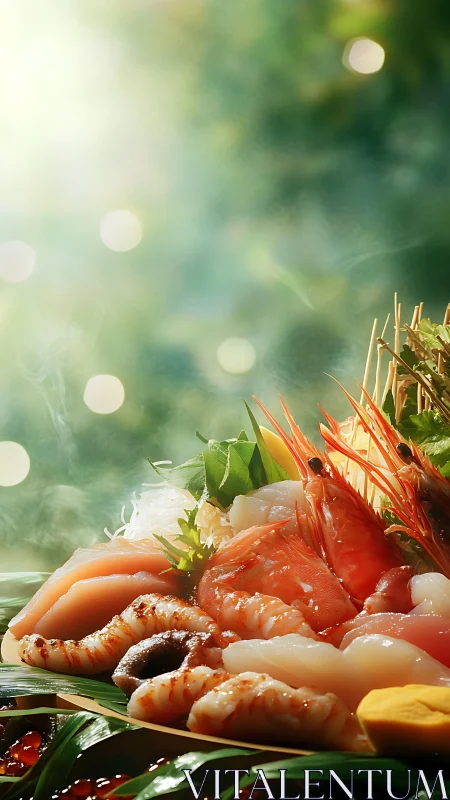 Photorealistic sashimi platter with bokeh depth and steam accents.