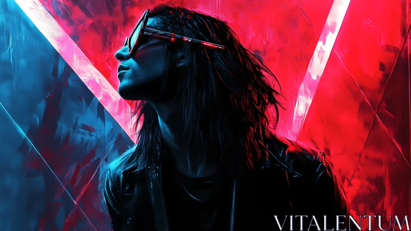 Neon rebel in split red blue glow, wired for midnight futures.