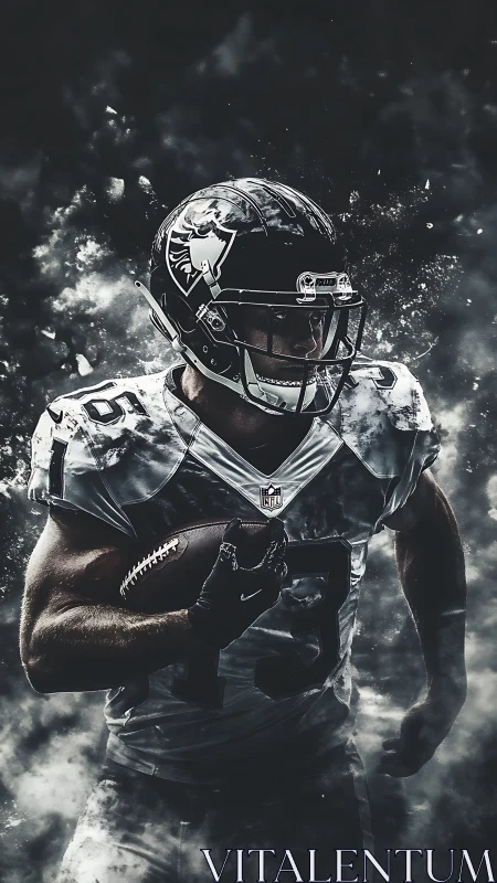 American football player running with ball in grayscale art.
