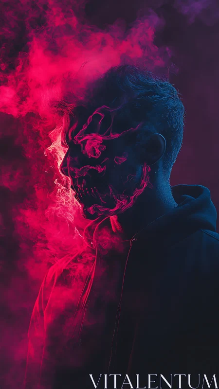 Dual-tone portrait merges human profile with neon smoke skull overlay