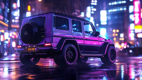 Purple Mercedes SUV on wet neon city street at night.